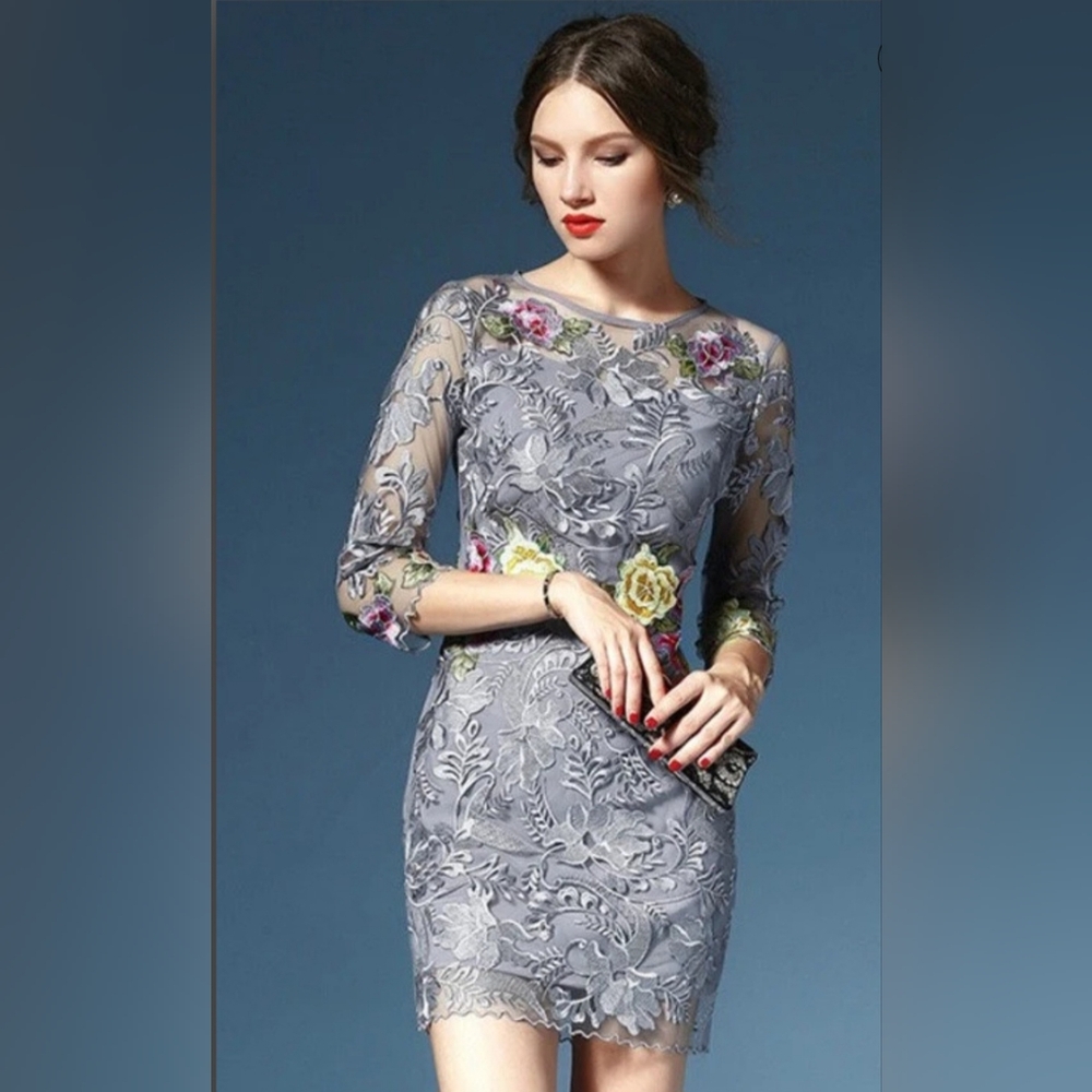 Joy Envyland Gray Embroidered Pink & Yellow Floral Dress NWOT XL